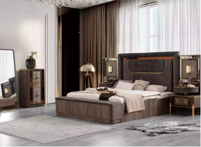 Grau Garnitur Doppelbett Set 6tlg Bett Schlafzimmer Stoff Kommode Neu